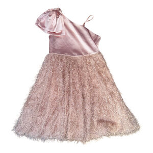 Grace Karin One-Shoulder Formal Dress, Pink Satin with Fringe Skirt, Size 12Y